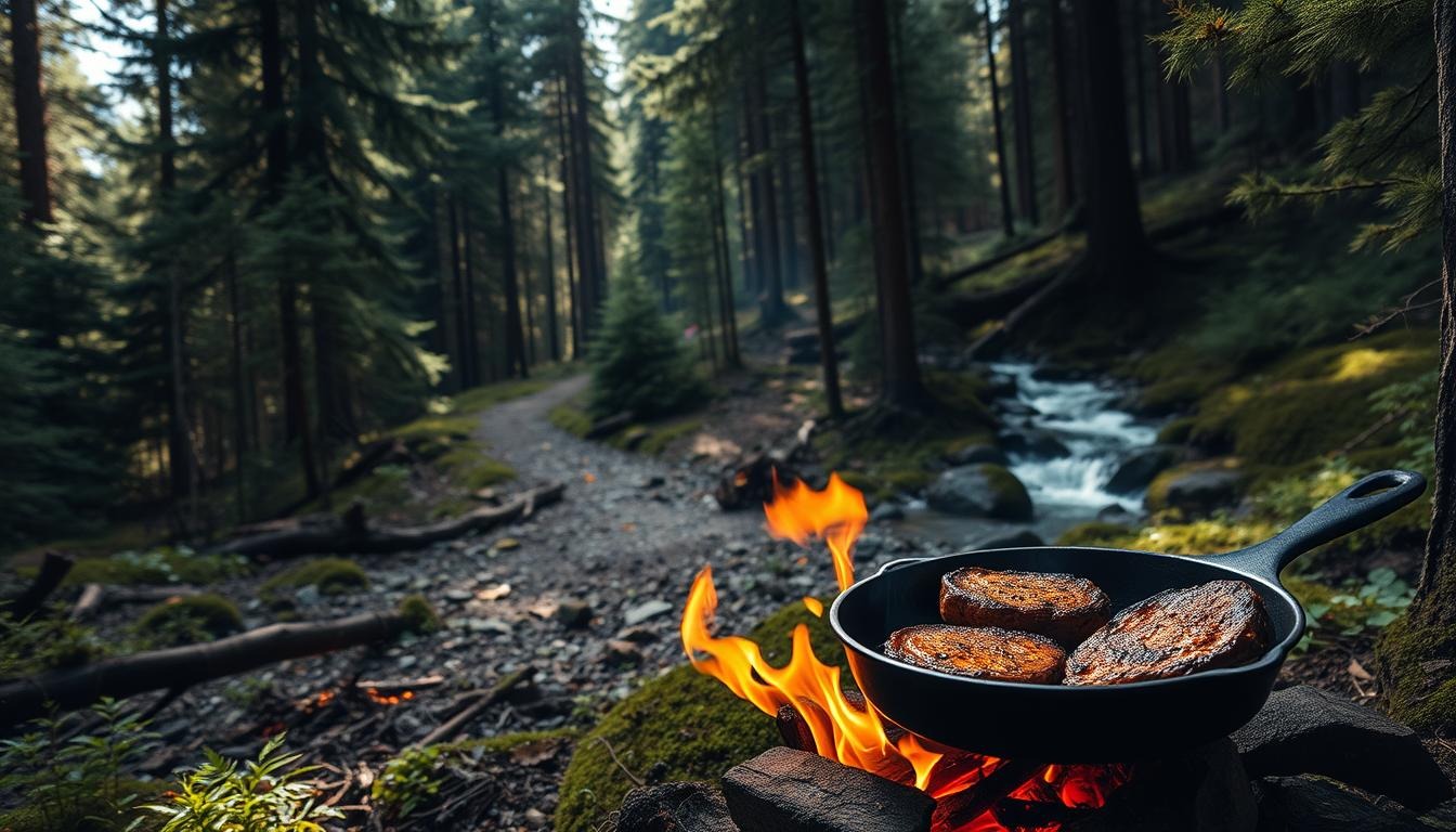 Forest travel tourism and survival camping with cooking juicy steak wild Forest adventure
